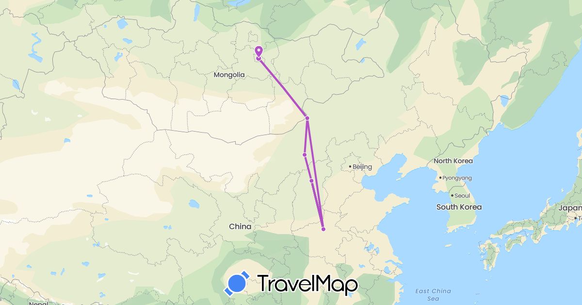 TravelMap itinerary: driving, train in China, Mongolia (Asia)